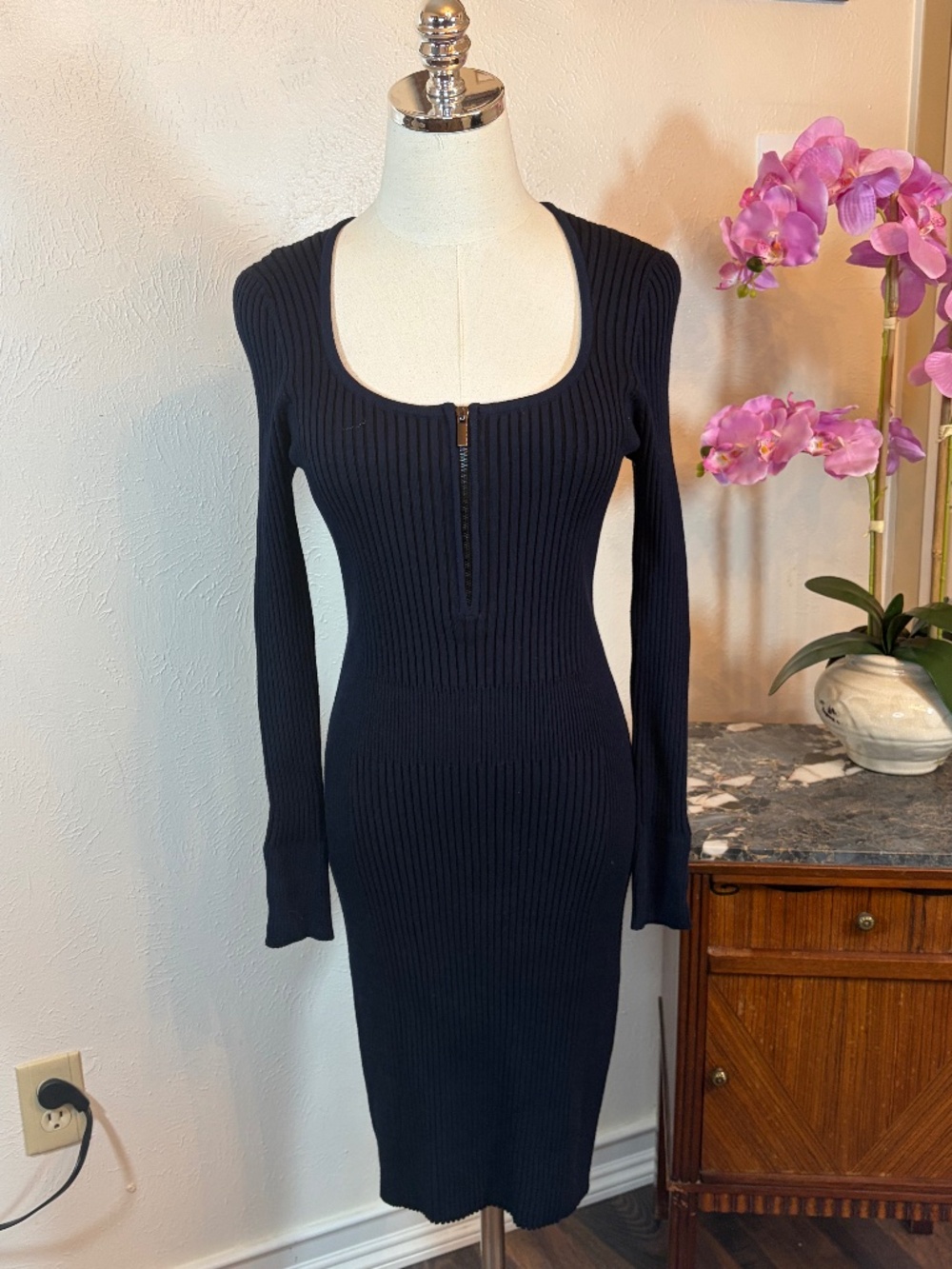 Caché Navy Blue Ribbed Knit Quarter Zip Bodycon Sweater Dress Medium Knee Length